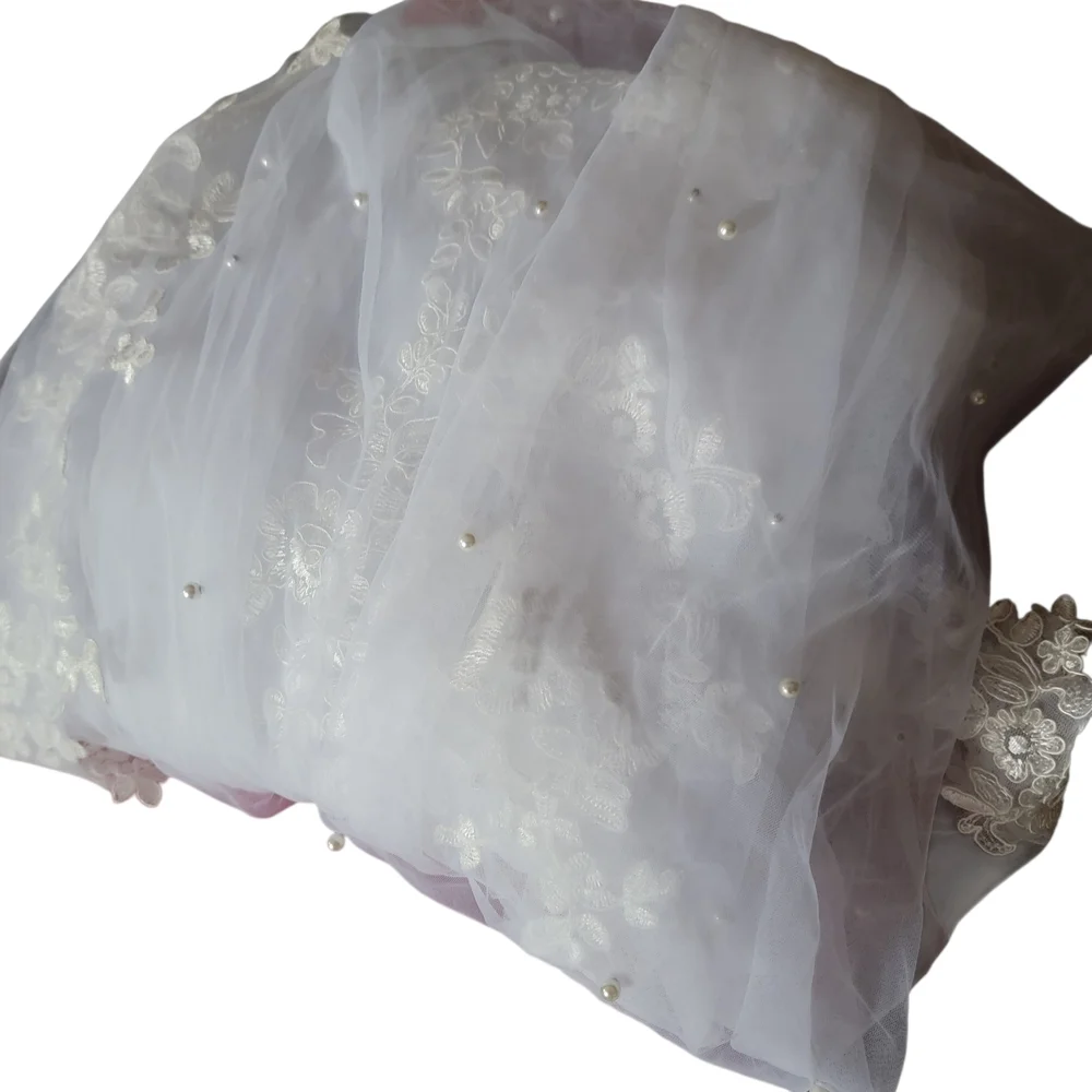 White Wedding Lace Veil Train with Pearl Accents And Floral Lace Applique